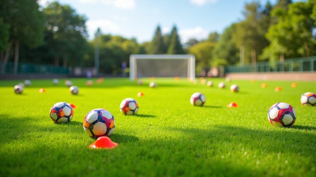 Soccer field with training cones, goal, and scattered soccer balls under sunlight